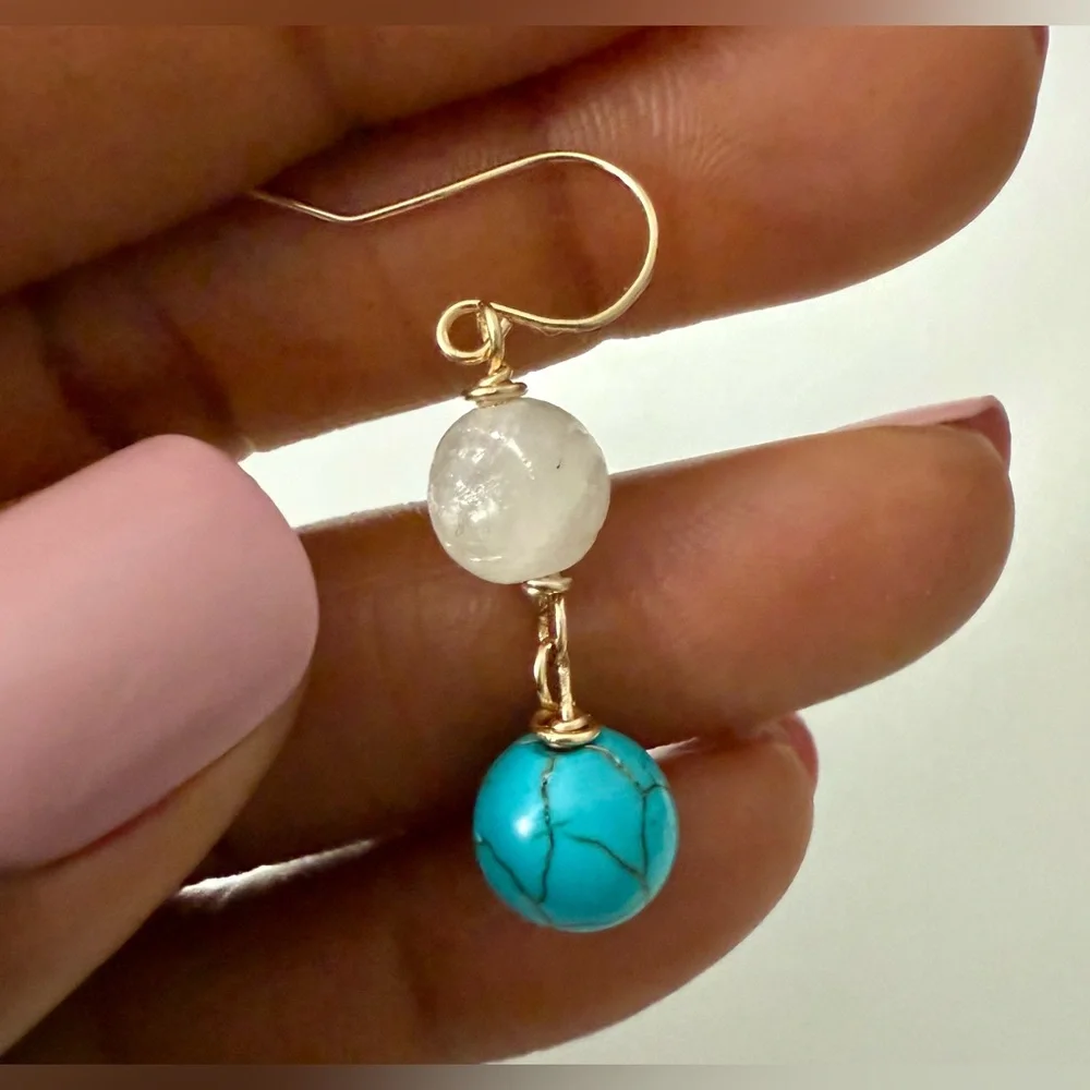 Gold-Filled Carved White Agate & Turquoise Dangle Earrings